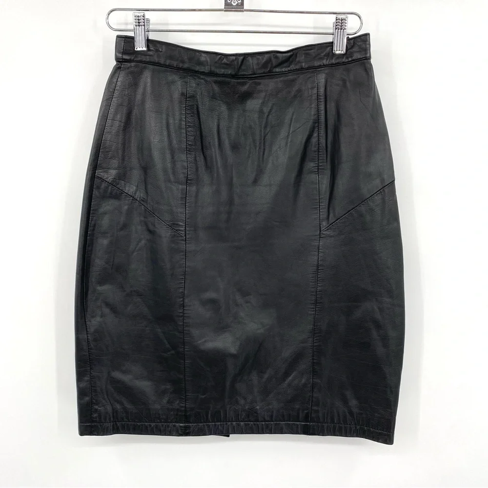 Tangu Vintage 80s Leather Skirt Size 9/10 Black Pencil Mobwife Goth Dance Snap‎